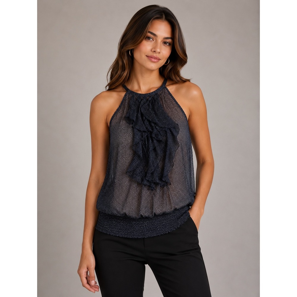 The Limited-Black and Gray Ruffle Mesh Halter Blouse Smocked Hem Size M
